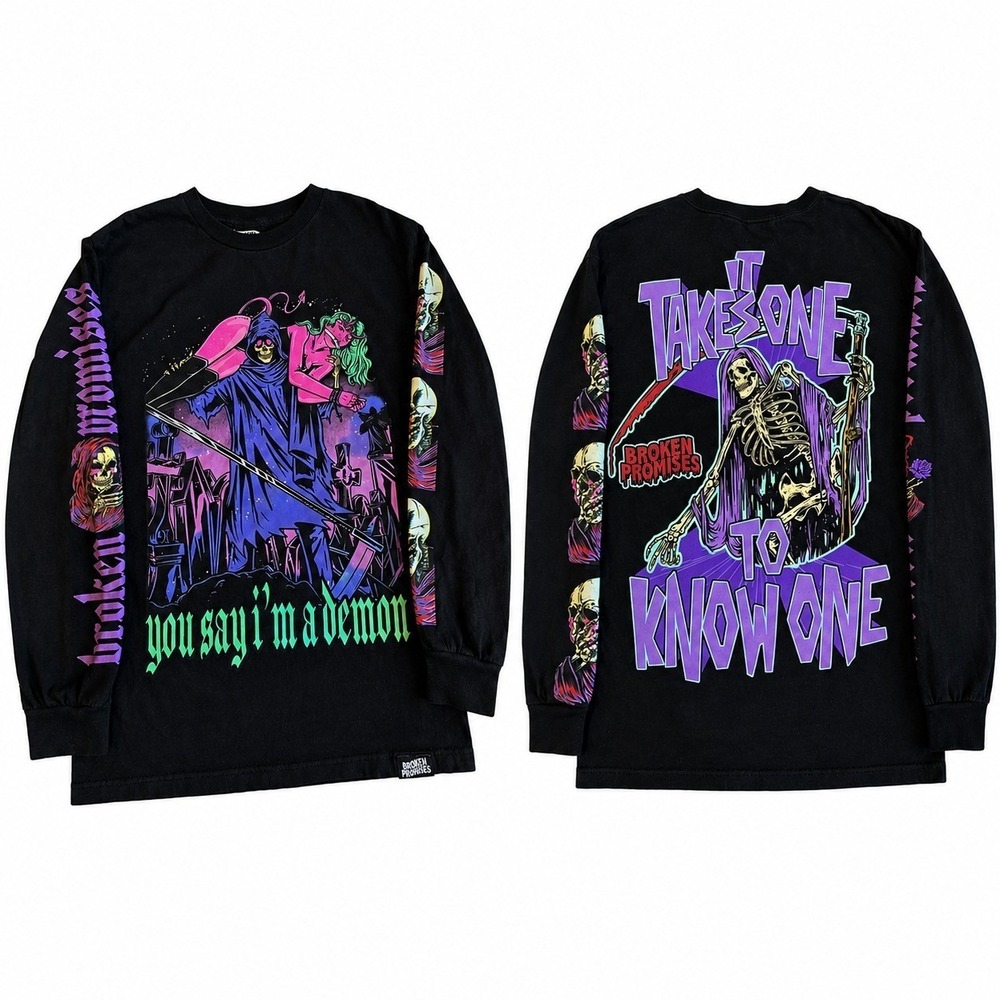 Broken Promises You Say I'm A Demon Long Sleeve Shirt Men's M Black Skull Reaper